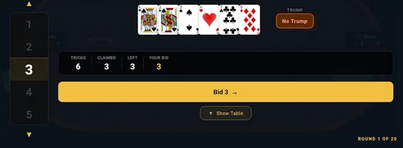 The Oh Hell bidding screen. A vertical wheel of numbers has 3 selected. A hand of six cards sits above, a No Trump badge to the right, and a row reads tricks 6, claimed 3, left 3, your bid 3, above a Bid 3 button.