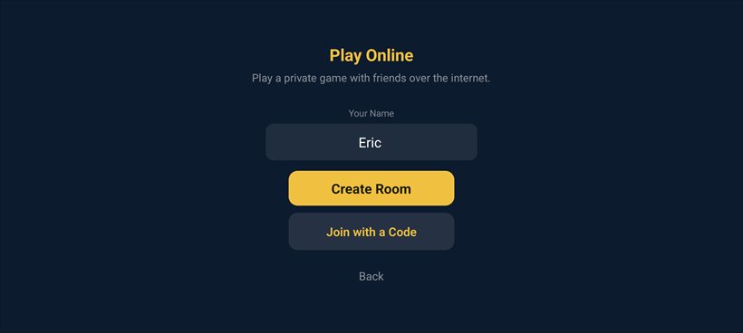 The Play Online screen in Oh Hell, headed 'play a private game with friends over the internet', with a name field containing Eric and two buttons: Create Room and Join with a Code.
