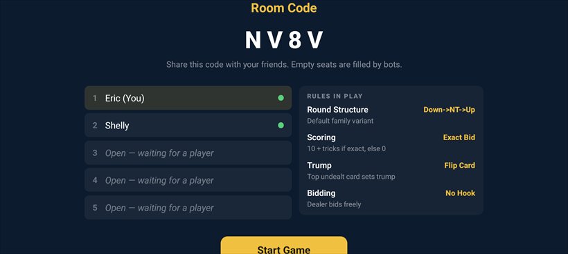 An Oh Hell room lobby showing the code N V 8 V, a note that empty seats are filled by bots, a list of seats with Eric and Shelly joined and three open, and a Rules In Play panel listing round structure down-NT-up, scoring exact bid at 10 plus tricks, trump set by flip card, and bidding with no hook.