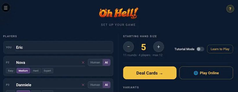 The Oh Hell setup screen. A players list shows Eric as the human player with Nova and Danniele set to AI on medium difficulty. On the right, starting hand size is set to 5, noted as 11 rounds with 4 players and a maximum of 12, beside a tutorial mode toggle, a Learn to Play button, and Deal Cards and Play Online buttons.