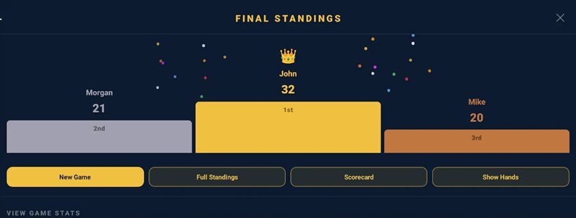 The Oh Hell final standings screen showing a podium: John first with 32 points and a crown, Morgan second with 21, and Mike third with 20, above buttons for New Game, Full Standings, Scorecard and Show Hands.