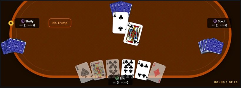 The Oh Hell card table mid-round. Shelly and Scout sit left and right with their bids and tricks won; a 2 of clubs and a jack of clubs lie in the middle; the player's hand of six cards fans across the bottom with unplayable cards greyed out. A badge in the corner reads No Trump, and the round counter reads round 1 of 20.