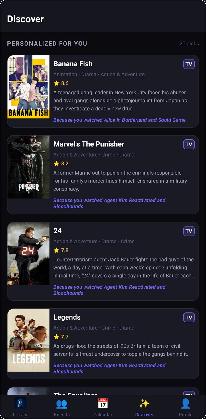 Watchtower Discover screen headed 'Personalized for you' with 20 picks. Banana Fish is recommended because you watched Alice in Borderland and Squid Game; Marvel's The Punisher, 24, and Legends each show a rating, genres, a synopsis, and the shows the suggestion came from.