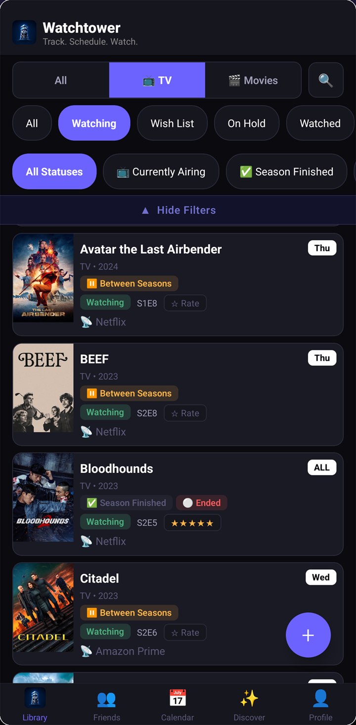 Watchtower library with the filter panel open: type filters for all, TV, and movies; status filters for all, watching, wish list, on hold, and watched; and airing filters for all statuses, currently airing, and season finished. Below, Avatar the Last Airbender, BEEF, Bloodhounds, and Citadel each show the weekday they air, a between-seasons or ended tag, the episode reached such as S2E5, a star rating, and the streaming service.
