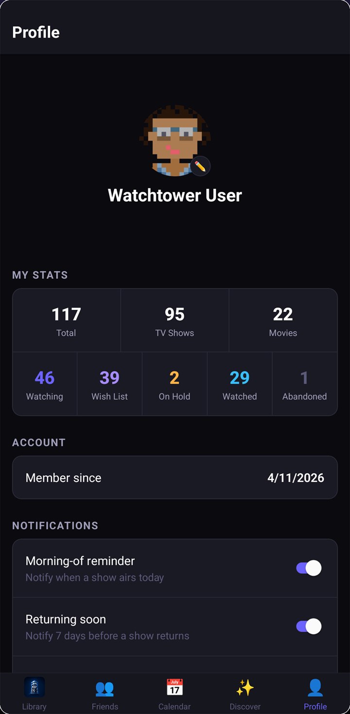 Watchtower profile screen showing library stats — 117 titles total, 95 TV shows, 22 movies, 46 watching, 39 on the wish list, 2 on hold, 29 watched, 1 abandoned — above notification switches for a morning-of reminder and a returning-soon alert.